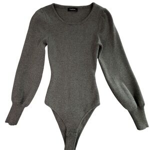 Ribbed Balloon Sleeve Knit Bodysuit Charcoal Grey Womens Size S Snap Crotch